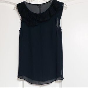 Theory Navy 100% Silk Black Lace Asymmetrical Ruffle Collar SLEEVELESS Top